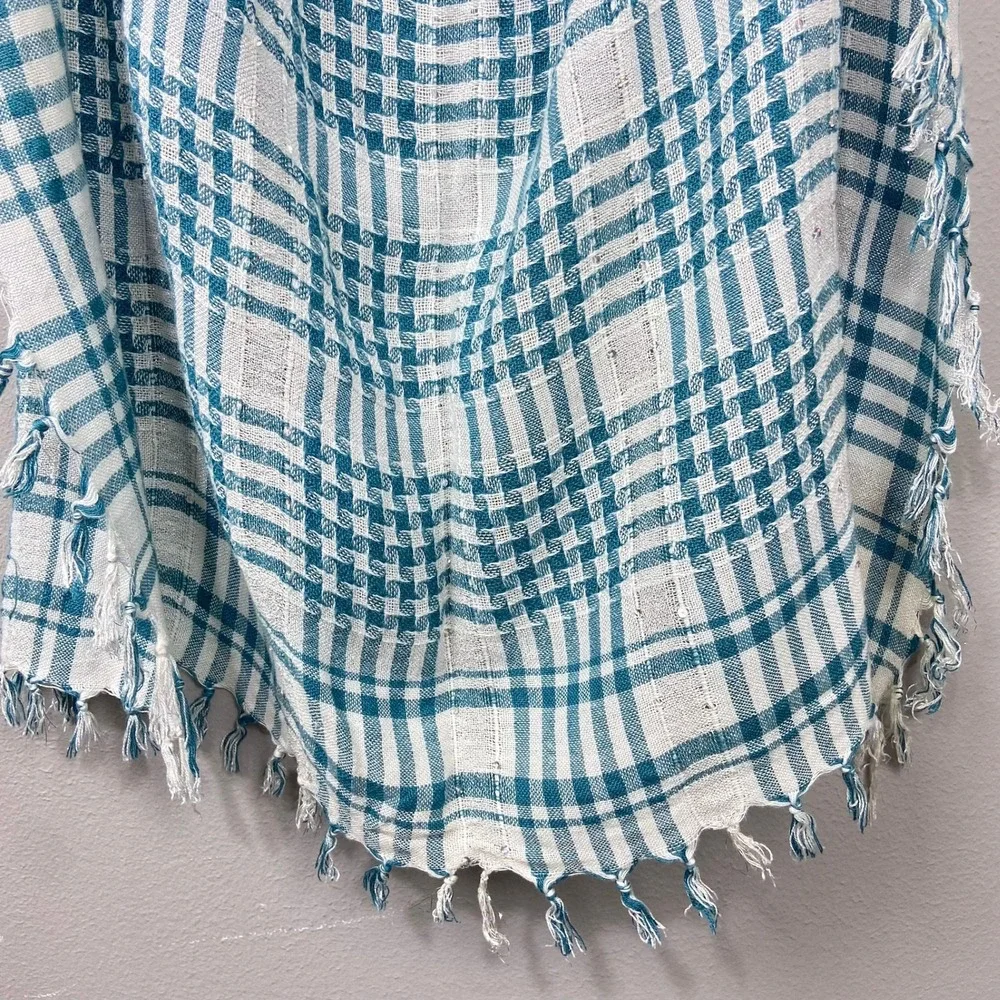 Plaid Fringe Scarf Blue‎ White Shawl Y2K Indie Sleaze Euro Summer Picnic Wrap